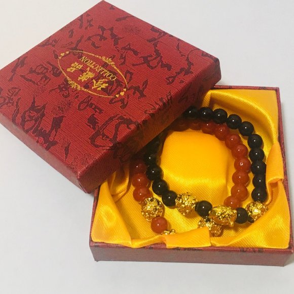 None Other - 2 Lucky Golden Pig Buddha Bracelets - NEW with Box